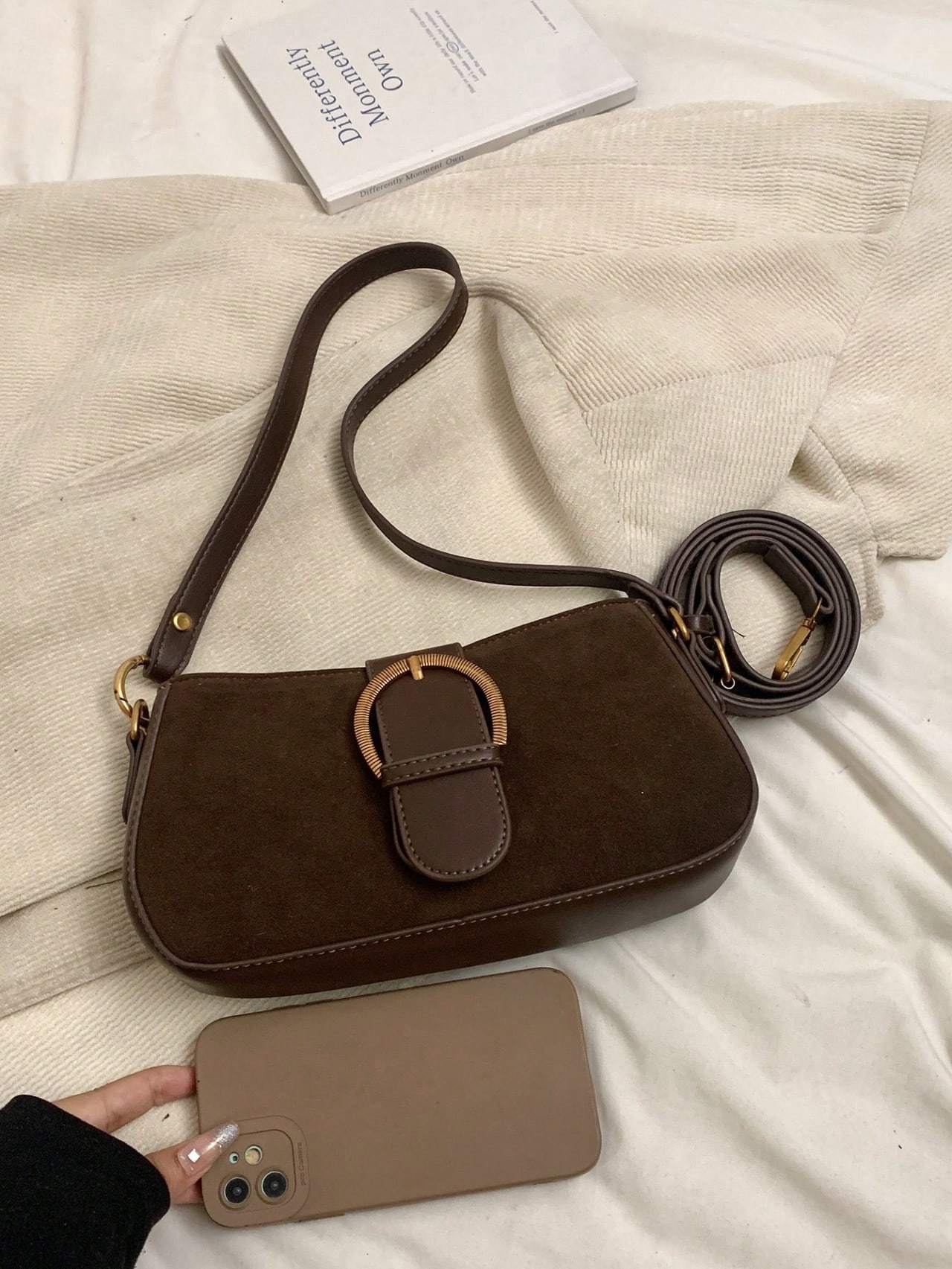 Women Retro Solid Color Dual Strap Suede Shoulder Crossbody Saddle Bag
