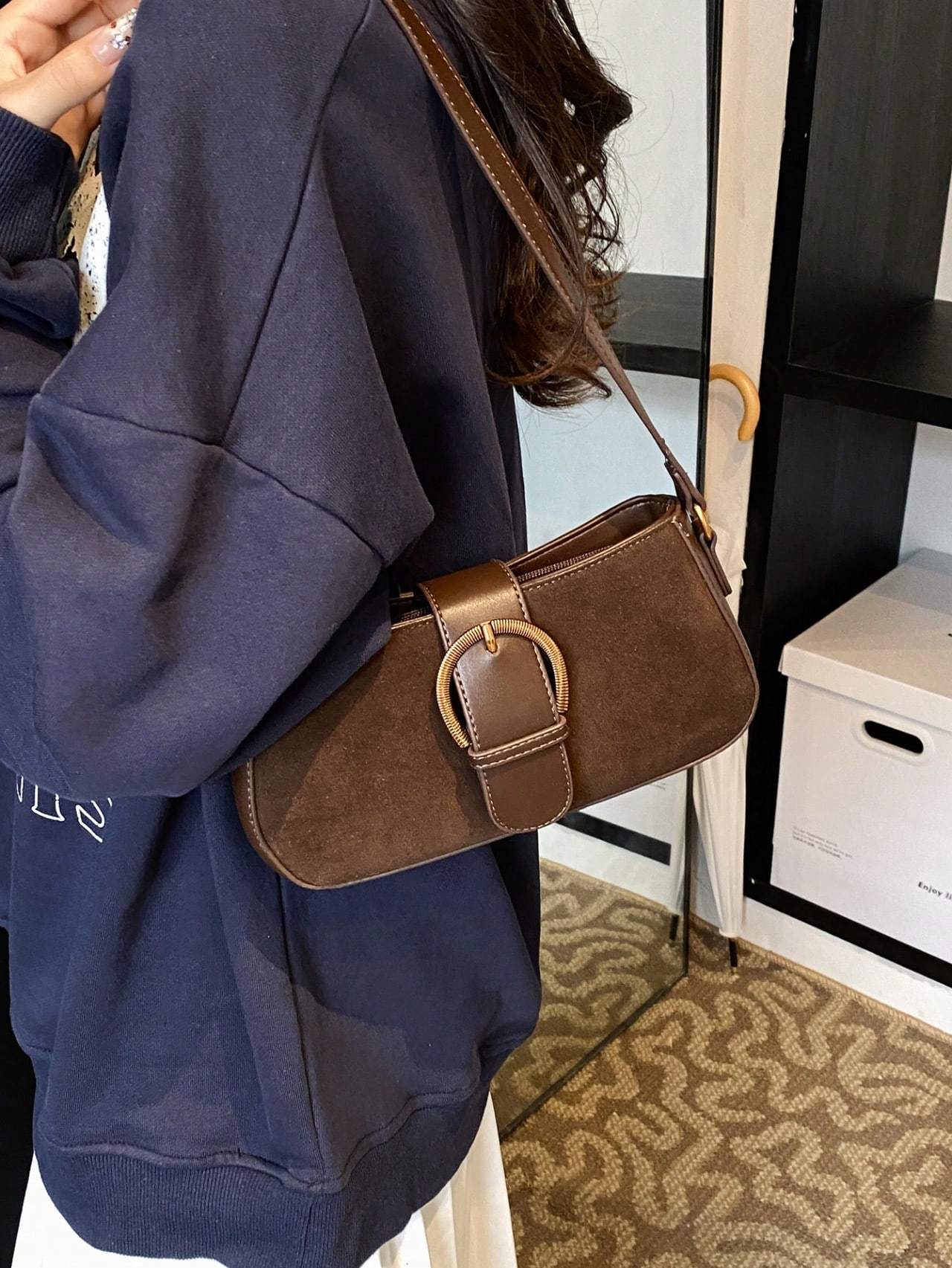 Women Retro Solid Color Dual Strap Suede Shoulder Crossbody Saddle Bag