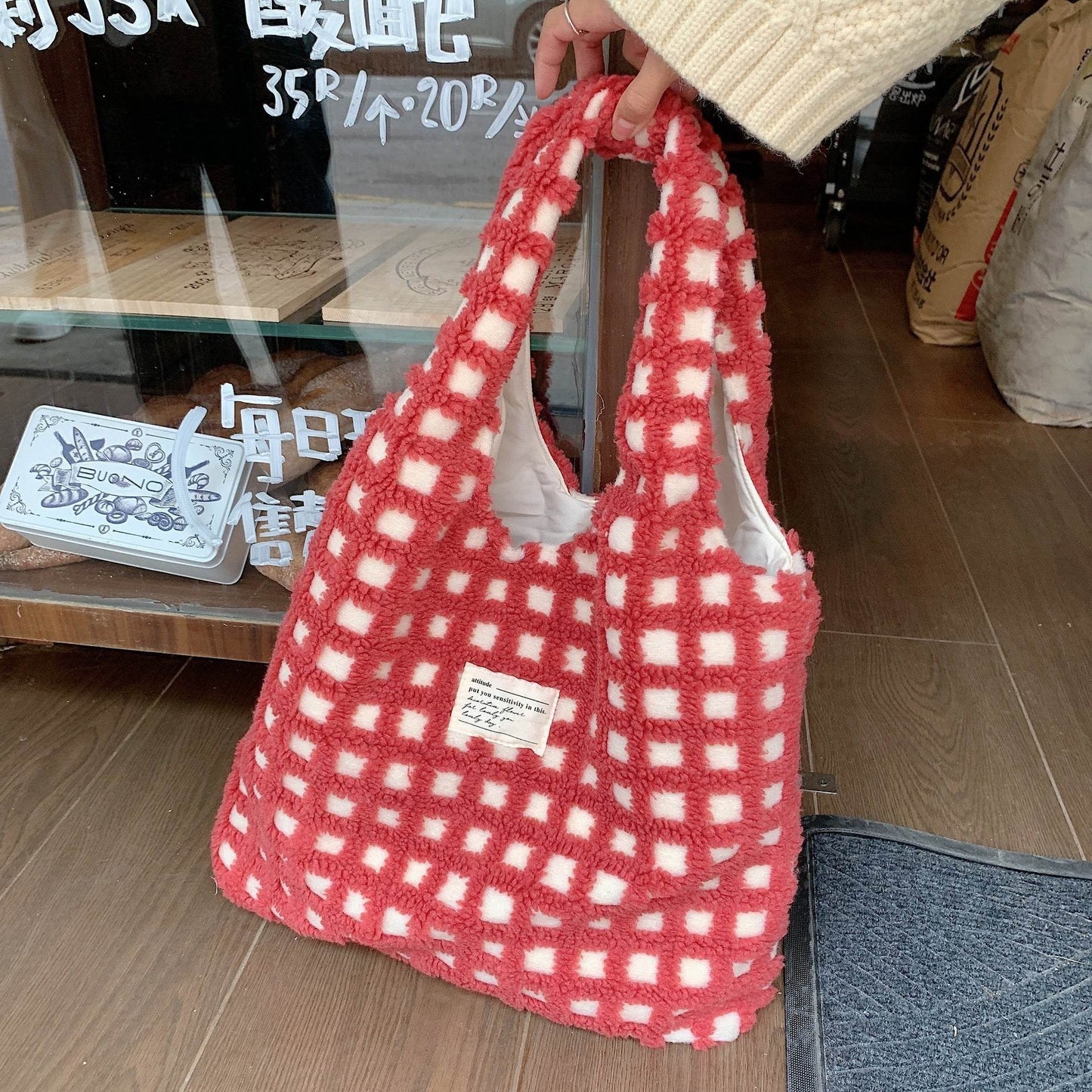 Waffle Flannel Bag Tote Bag Large Capacity Commute Minimalist Student Class Bag - PANGO