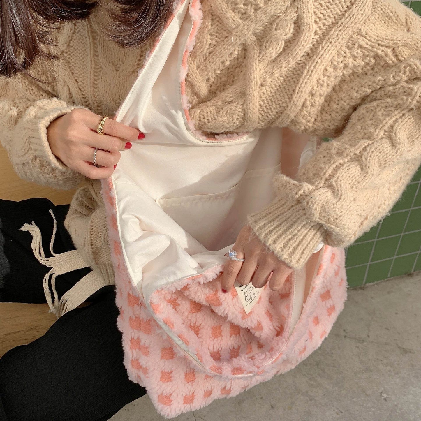 Waffle Flannel Bag Tote Bag Large Capacity Commute Minimalist Student Class Bag - PANGO