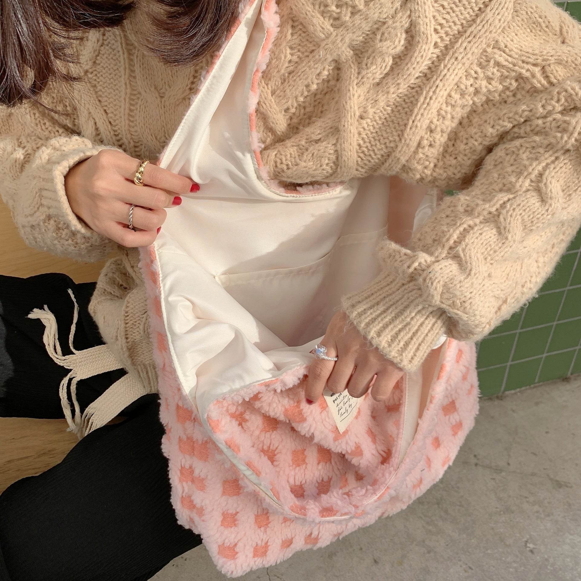 Waffle Flannel Bag Tote Bag Large Capacity Commute Minimalist Student Class Bag - PANGO