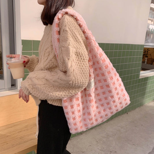 Waffle Flannel Bag Tote Bag Large Capacity Commute Minimalist Student Class Bag - PANGO
