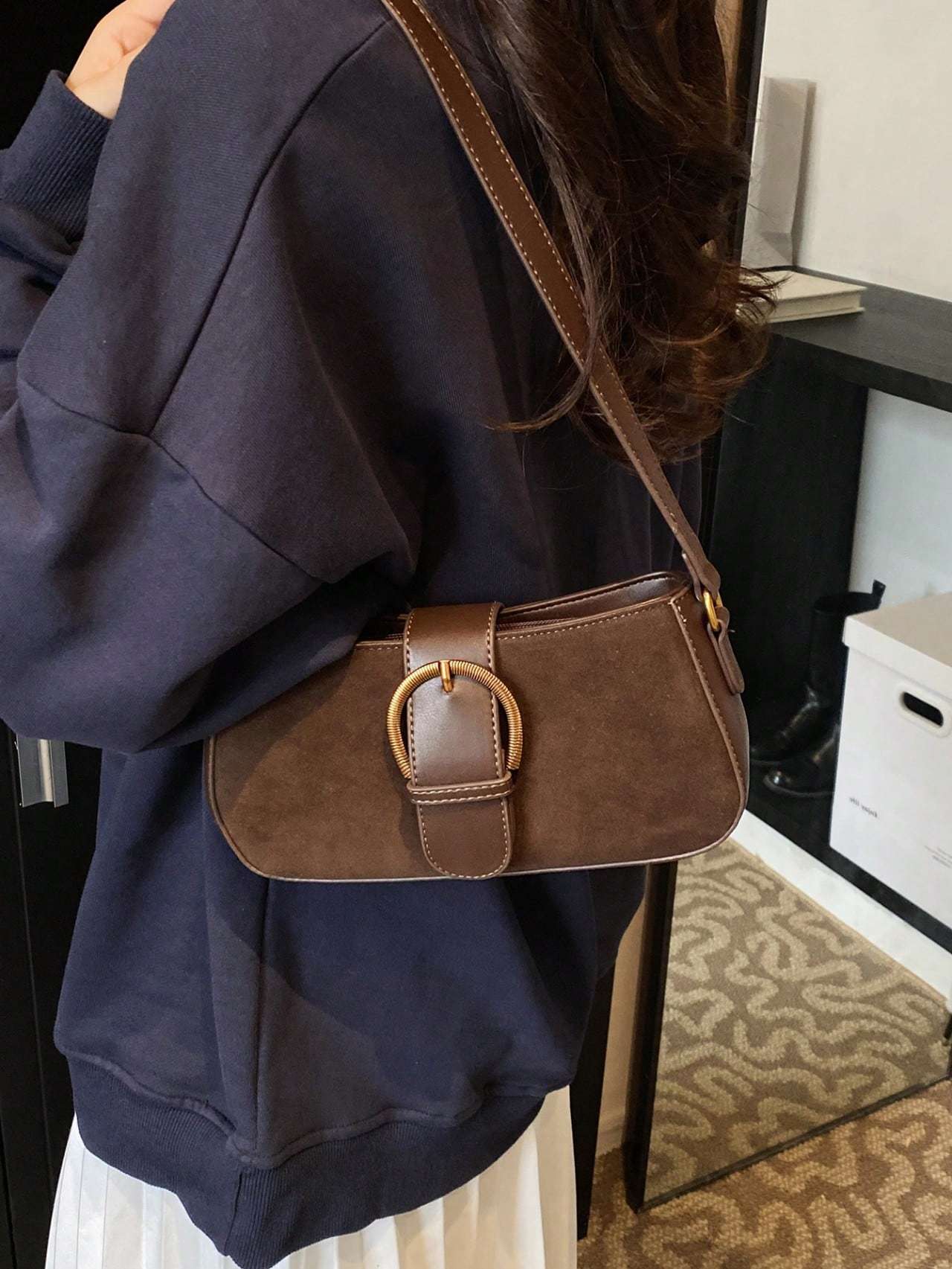 Women Retro Solid Color Dual Strap Suede Shoulder Crossbody Saddle Bag