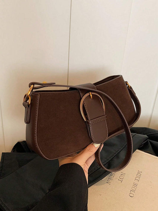 Women Retro Solid Color Dual Strap Suede Shoulder Crossbody Saddle Bag