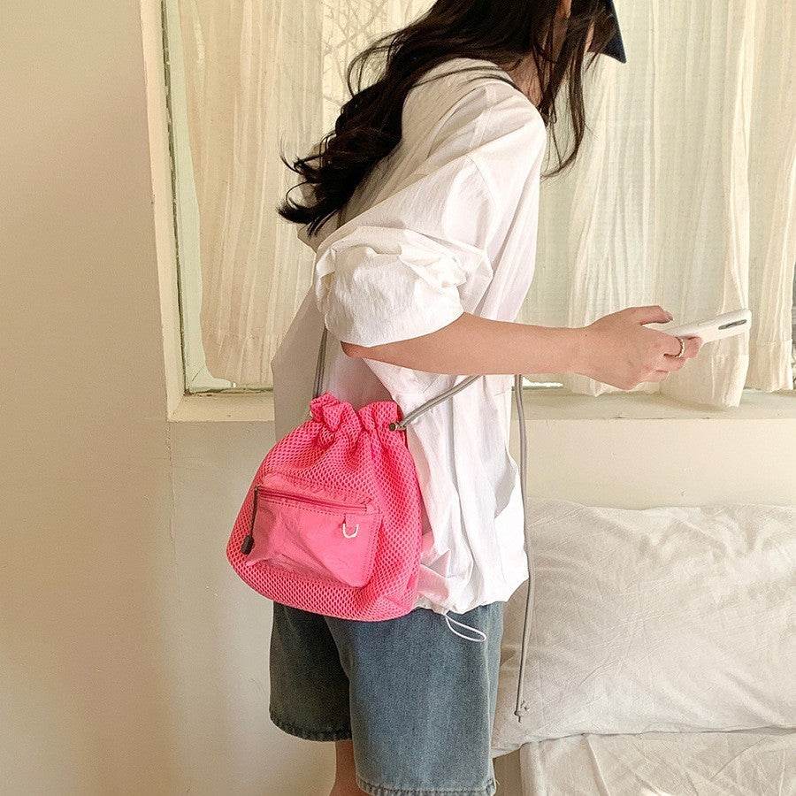 Small Mesh Drawstring Bucket Bag Fashion Cute Messenger Shoulder Bags For Women - PANGO