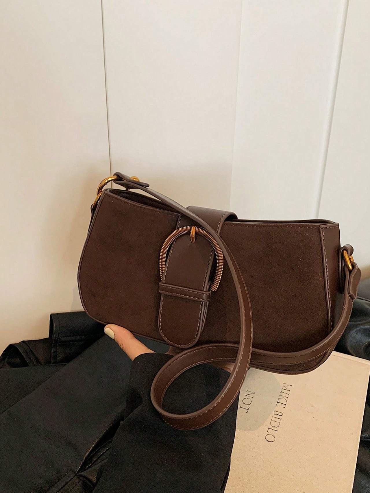 Women Retro Solid Color Dual Strap Suede Shoulder Crossbody Saddle Bag