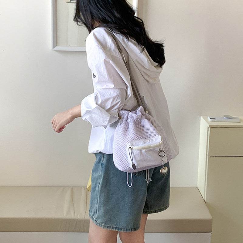 Small Mesh Drawstring Bucket Bag Fashion Cute Messenger Shoulder Bags For Women - PANGO