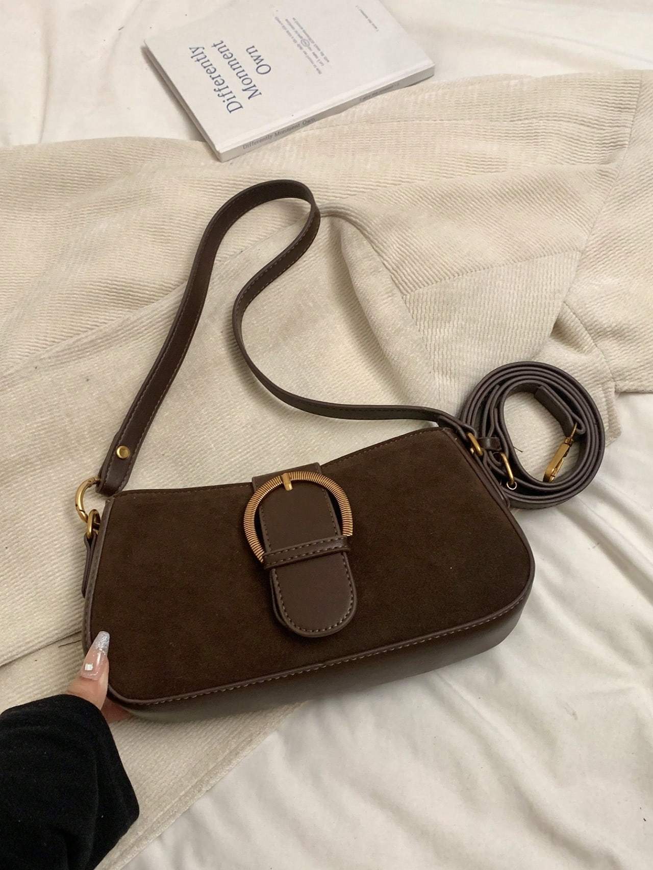Women Retro Solid Color Dual Strap Suede Shoulder Crossbody Saddle Bag