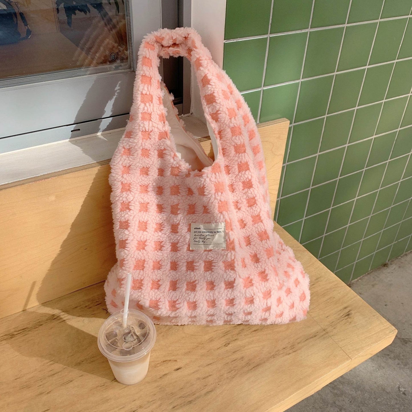Waffle Flannel Bag Tote Bag Large Capacity Commute Minimalist Student Class Bag - PANGO