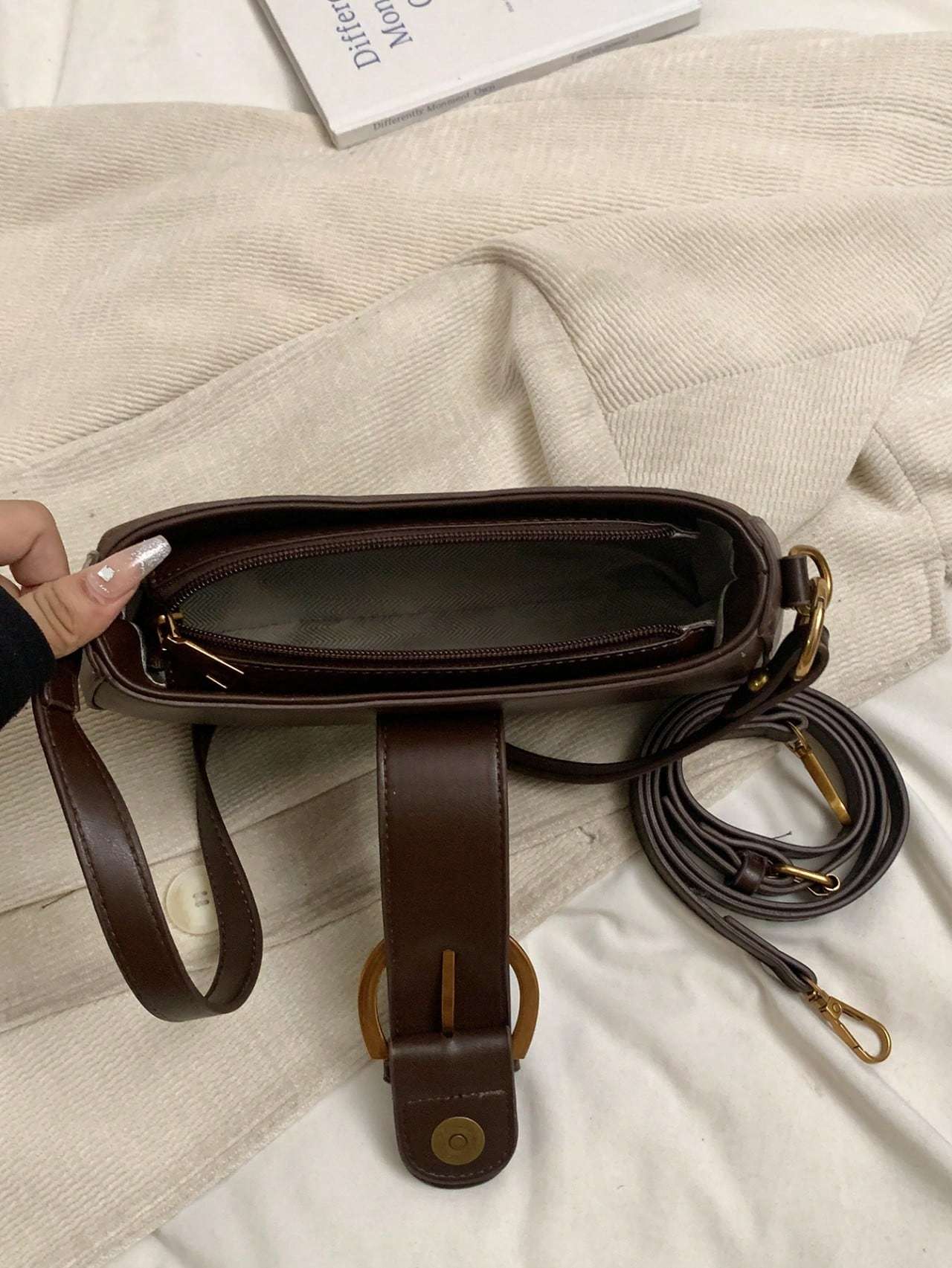 Women Retro Solid Color Dual Strap Suede Shoulder Crossbody Saddle Bag