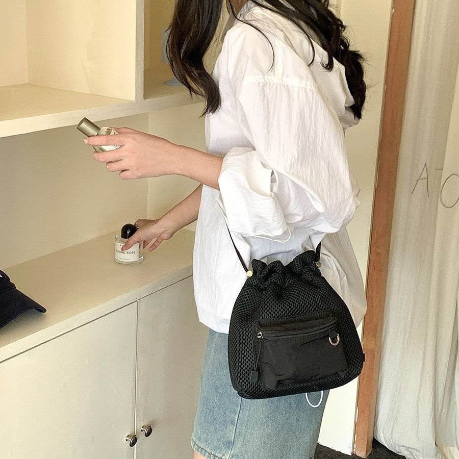 Small Mesh Drawstring Bucket Bag Fashion Cute Messenger Shoulder Bags For Women - PANGO