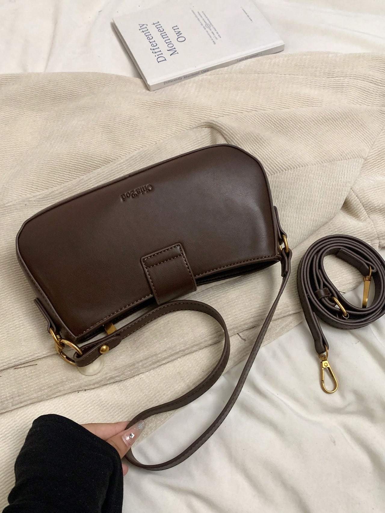 Women Retro Solid Color Dual Strap Suede Shoulder Crossbody Saddle Bag