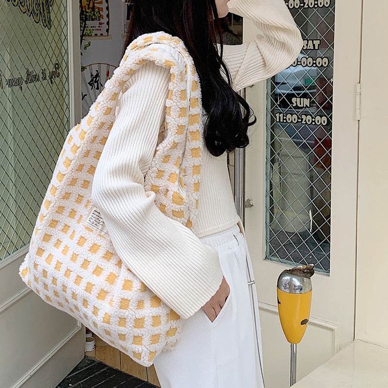 Waffle Flannel Bag Tote Bag Large Capacity Commute Minimalist Student Class Bag - PANGO