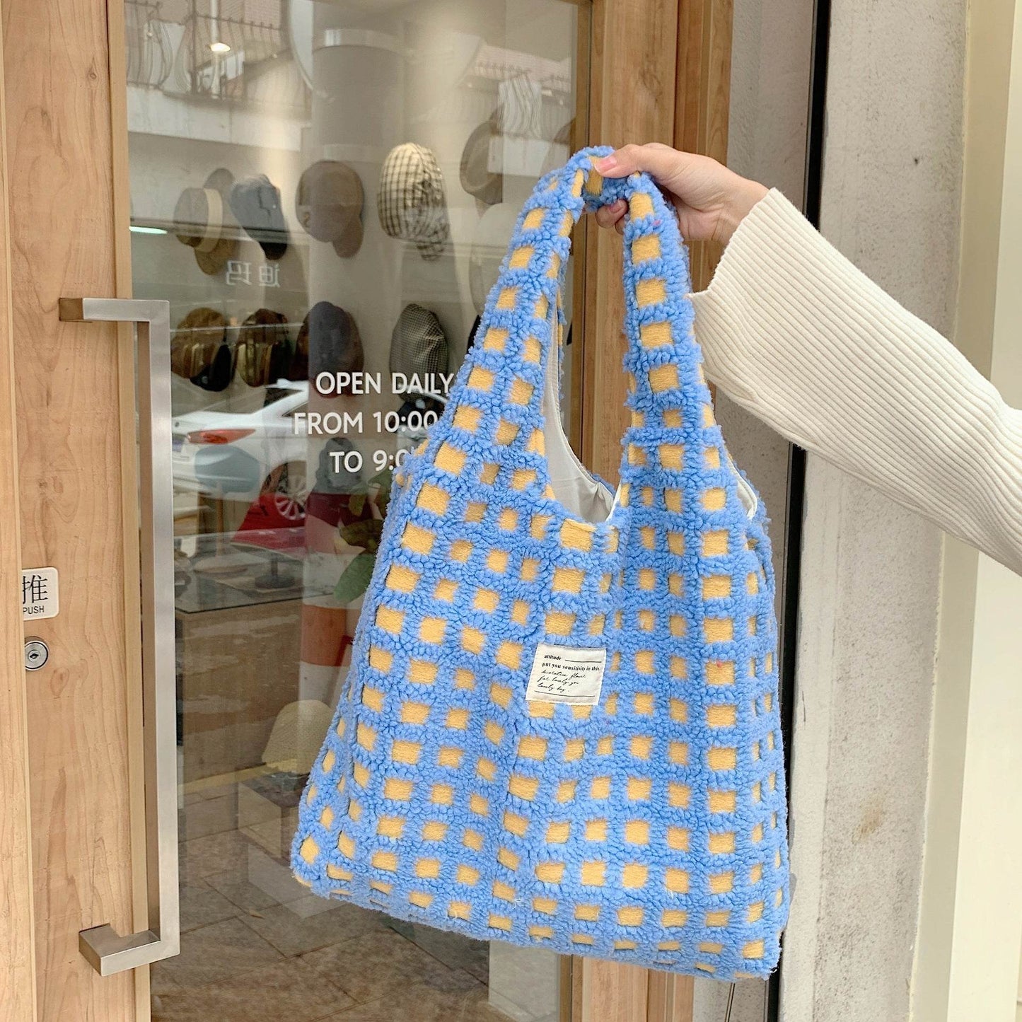 Waffle Flannel Bag Tote Bag Large Capacity Commute Minimalist Student Class Bag - PANGO