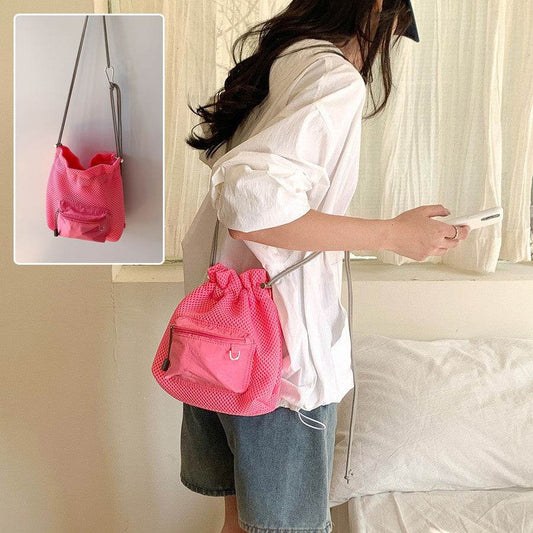 Small Mesh Drawstring Bucket Bag Fashion Cute Messenger Shoulder Bags For Women - PANGO