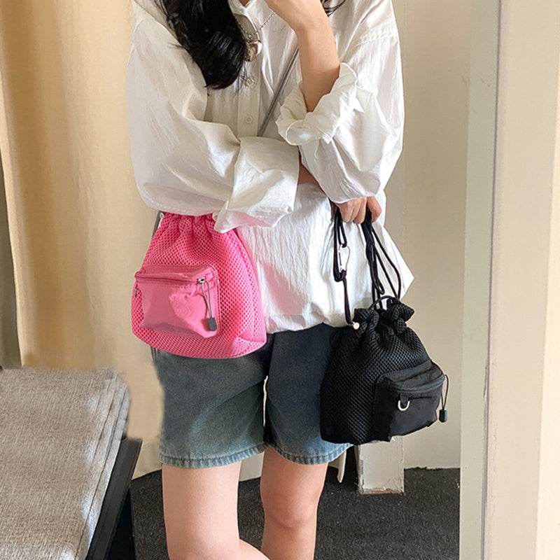 Small Mesh Drawstring Bucket Bag Fashion Cute Messenger Shoulder Bags For Women - PANGO