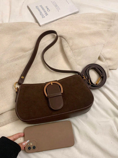 Women Retro Solid Color Dual Strap Suede Shoulder Crossbody Saddle Bag