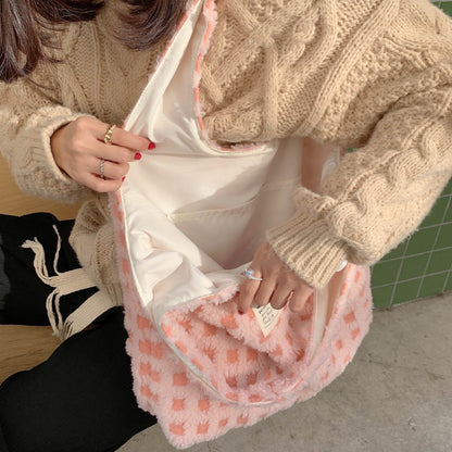 Waffle Flannel Bag Tote Bag Large Capacity Commute Minimalist Student Class Bag - PANGO