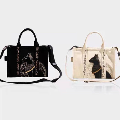 Cat Embroidered Canvas Shoulder Bag