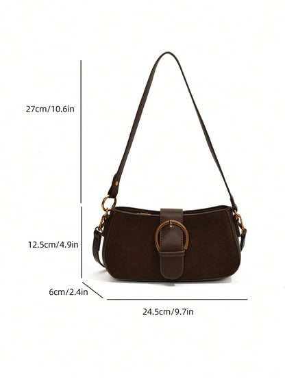 Women Retro Solid Color Dual Strap Suede Shoulder Crossbody Saddle Bag