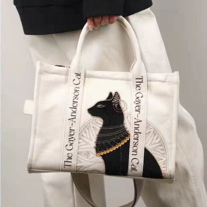 Cat Embroidered Canvas Shoulder Bag