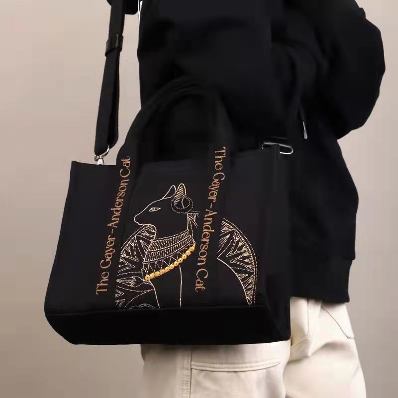 Cat Embroidered Canvas Shoulder Bag