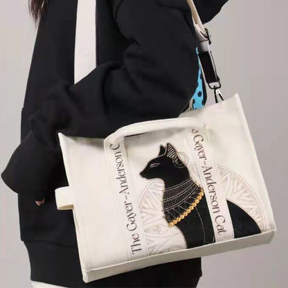 Cat Embroidered Canvas Shoulder Bag